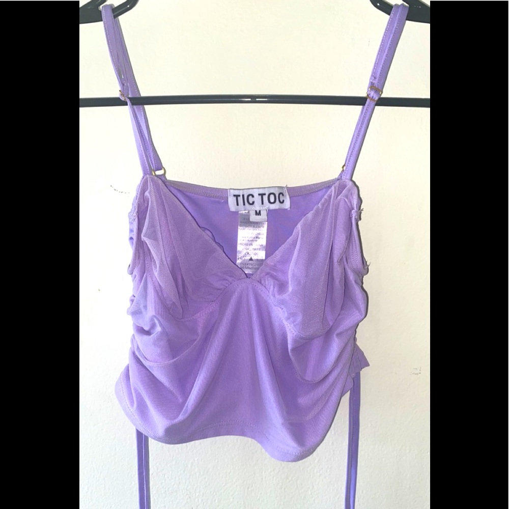 Crop tank purple and fitted skirt.